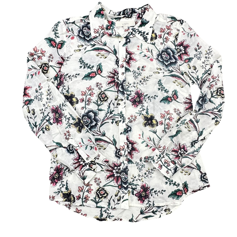 LOFT Womens White Floral Silk Cotton Blend‎ Button Down Shirt Long Sleeve Size M - Picture 2 of 15